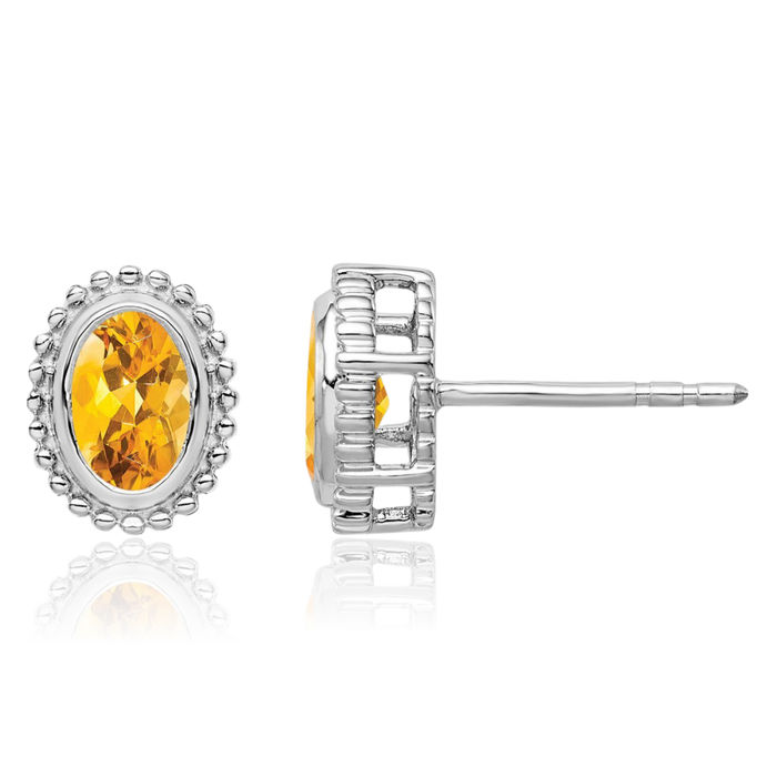 10K Solid White Gold Oval Yellow Orange Citrine Stud Earrings November Birthstone Jewelry