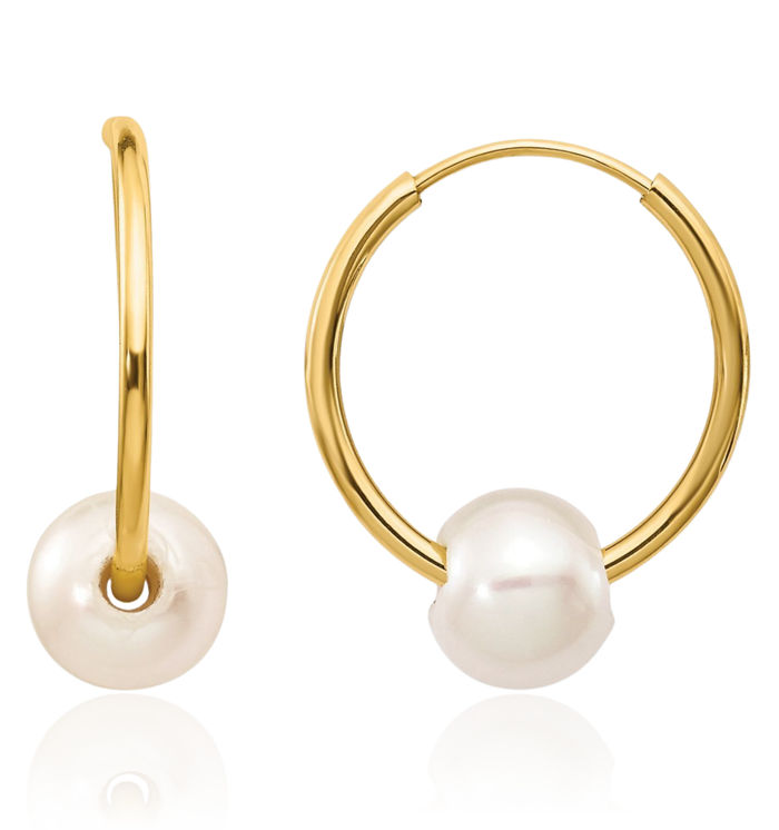 10K Solid Yellow Gold 5mm White Round Freshwater Cultured Pearl Endless Hoop Earrings