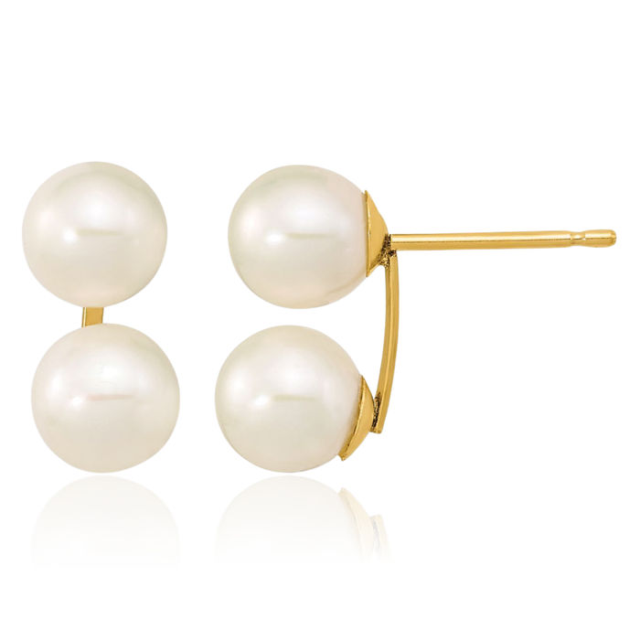 10K Solid Yellow Gold 6mm White Round Freshwater Cultured Double Pearl Drop Dangle Stud Earrings