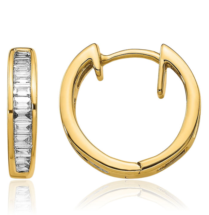 10K Solid Yellow Gold Baguette Diamond Round Huggie Mini Hoop Earrings