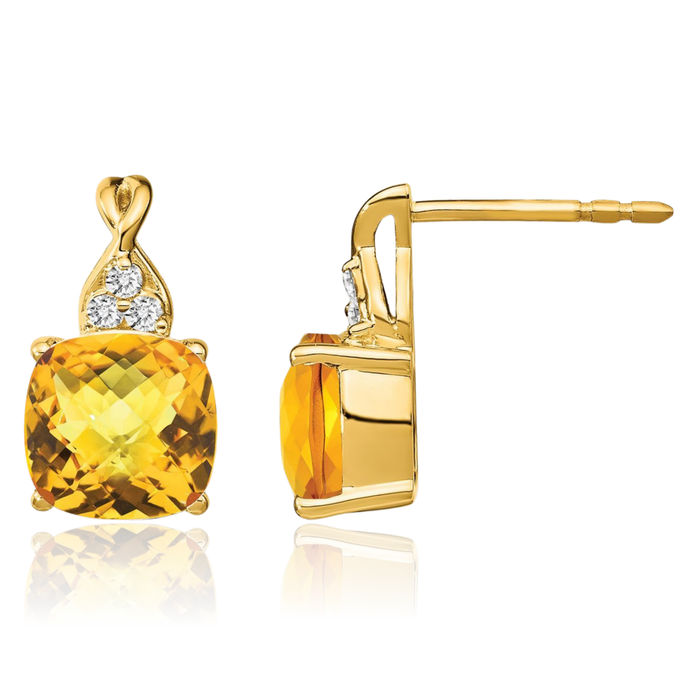 10K Solid Yellow Gold Orange Citrine Diamond Drop Dangle Earrings November Birthstone Jewelry