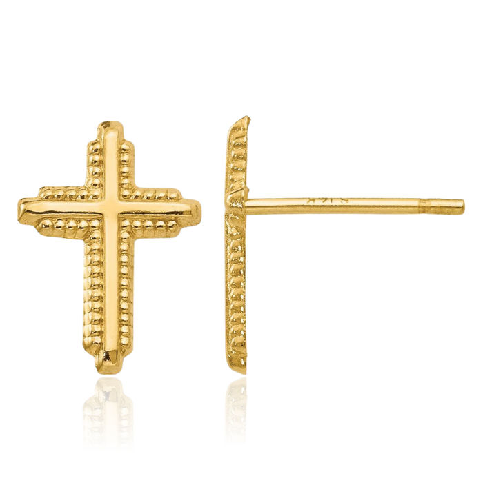 10K Solid Yellow Gold Holy Cross Studs Religious Christian Earrings