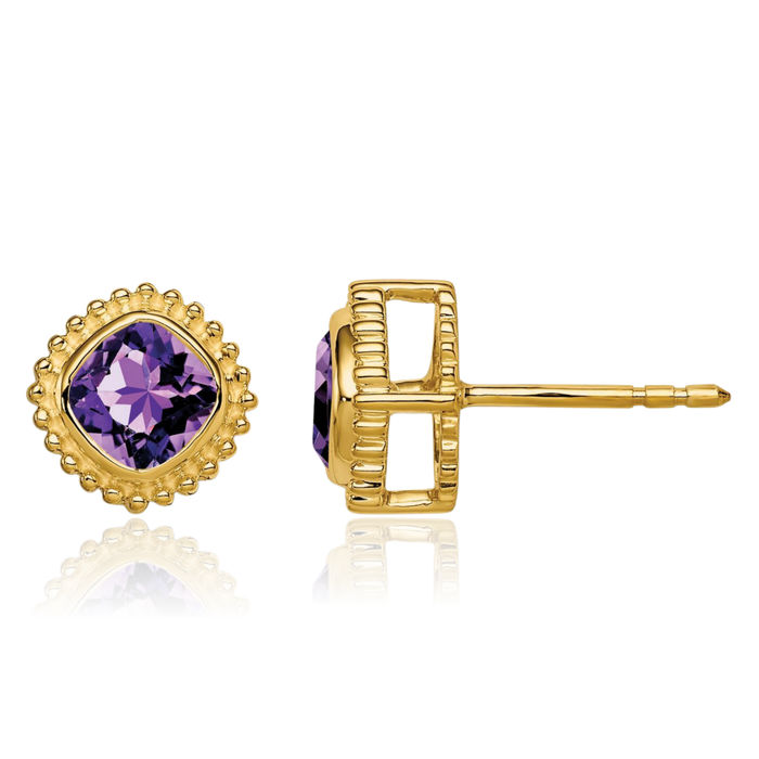 10K Solid Yellow Gold Cushion-Cut Purple Amethyst Stud Earrings February Birthstone Jewelry