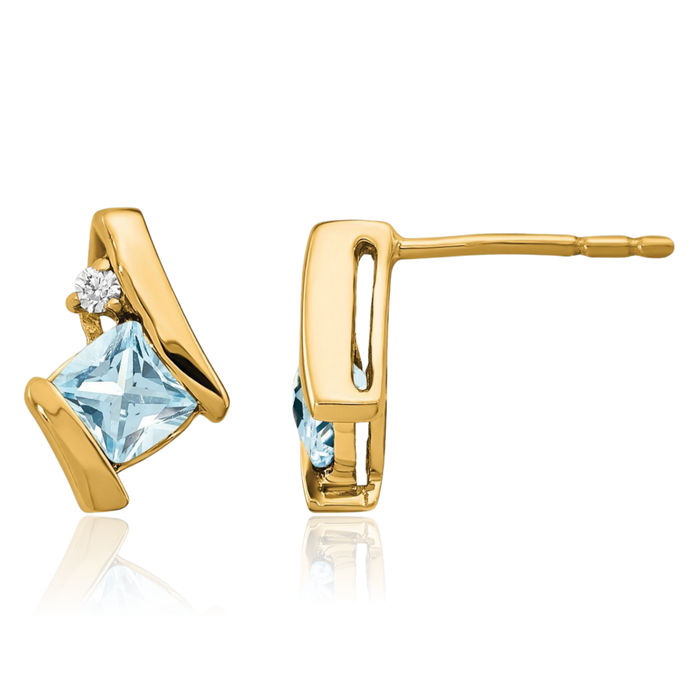 10K Solid Yellow Gold Cushion-Cut Blue Aquamarine Diamond Studs Gemstone Earrings