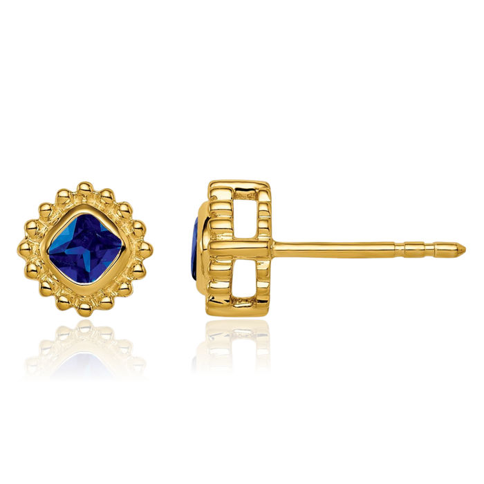 10K Solid Yellow Gold Cushion-Cut Blue Sapphire Stud Earrings September Birthstone Jewelry