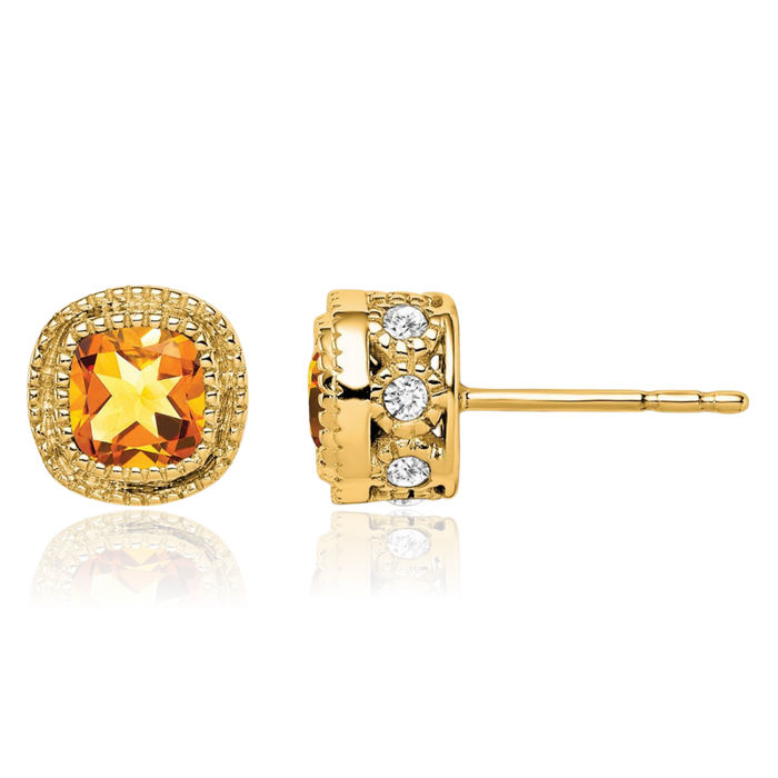 10K Solid Yellow Gold Cushion-Cut Orange Citrine Diamond Stud Solitaire Earrings November Birthstone Jewelry