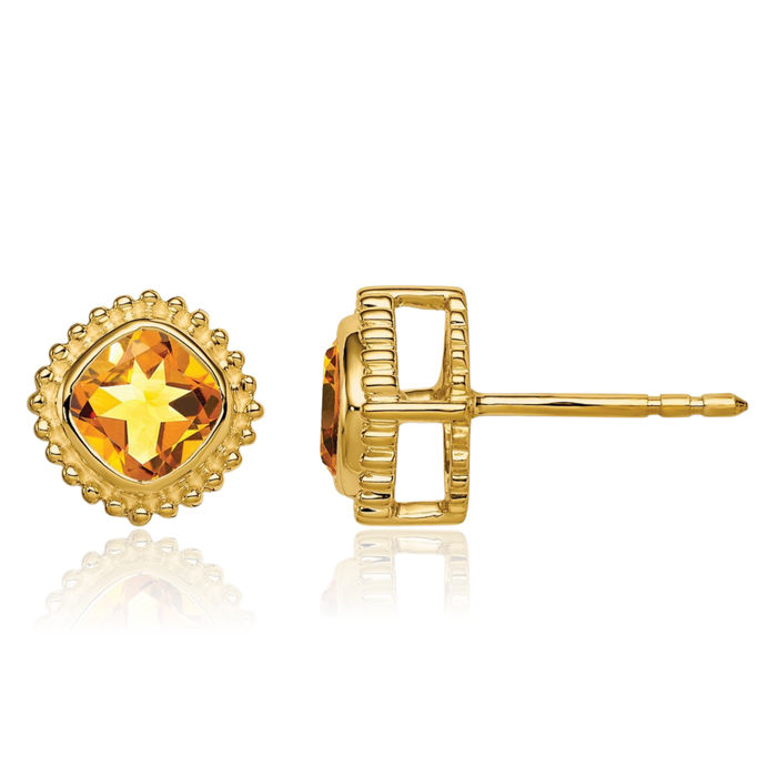 10K Solid Yellow Gold Cushion-Cut Orange Citrine Stud Earrings November Birthstone Jewelry