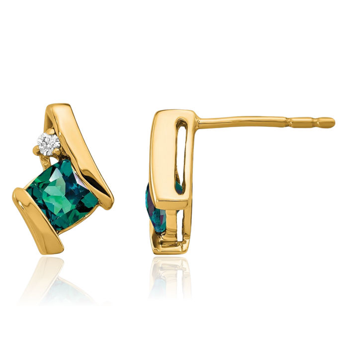 10K Solid Yellow Gold Cushion-Cut Lab Alexandrite Diamond Studs Gemstone Earrings