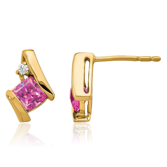 10K Solid Yellow Gold Cushion-Cut Lab Pink Sapphire Diamond Studs Gemstone Earrings