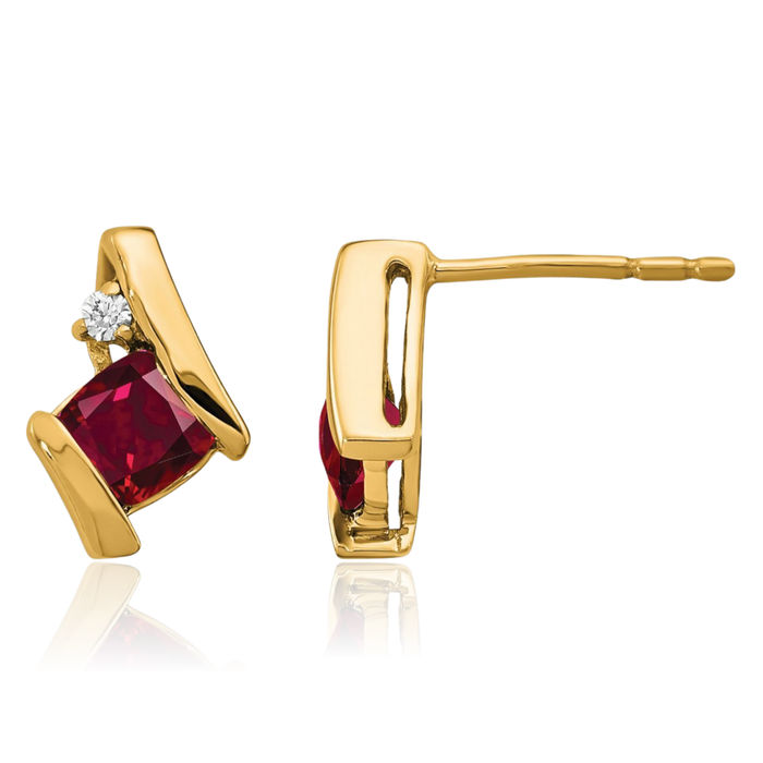 10K Solid Yellow Gold Cushion-Cut Lab Red Ruby Diamond Studs Gemstone Earrings