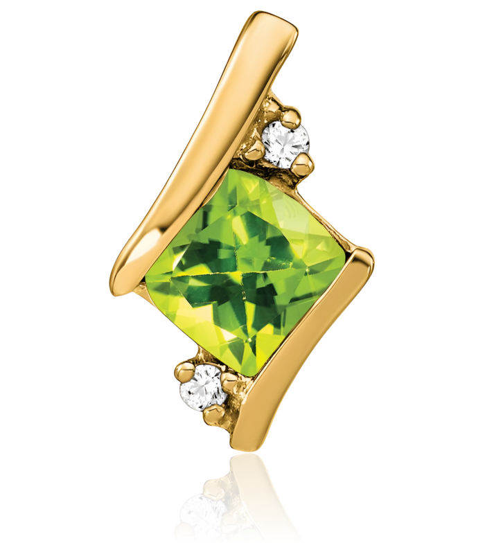 10K Solid Yellow Gold Cushion-Cut Green Peridot Diamond Floating Chain Slide Pendant Necklace Gemstone Charm August Birthstone Jewelry