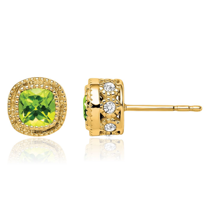 10K Solid Yellow Gold Cushion-Cut Green Peridot Diamond Stud Solitaire Earrings August Birthstone Jewelry