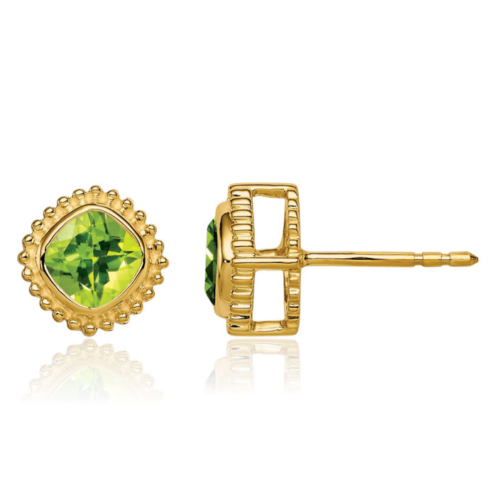 10K Solid Yellow Gold Cushion-Cut Green Peridot Stud Earrings August Birthstone Jewelry