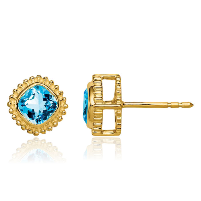 10K Solid Yellow Gold Cushion-Cut Swiss Blue Topaz Stud Earrings December Birthstone Jewelry