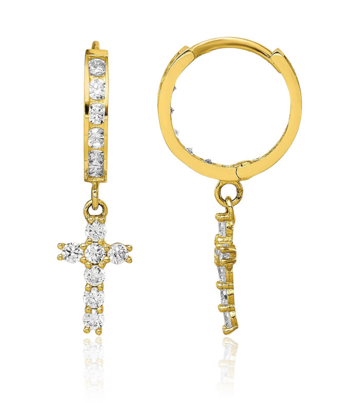 10K Solid Yellow Gold Cubic Zirconia CZ Holy Cross Medium Huggie Hoop Christian Religious Drop Dangle Earrings