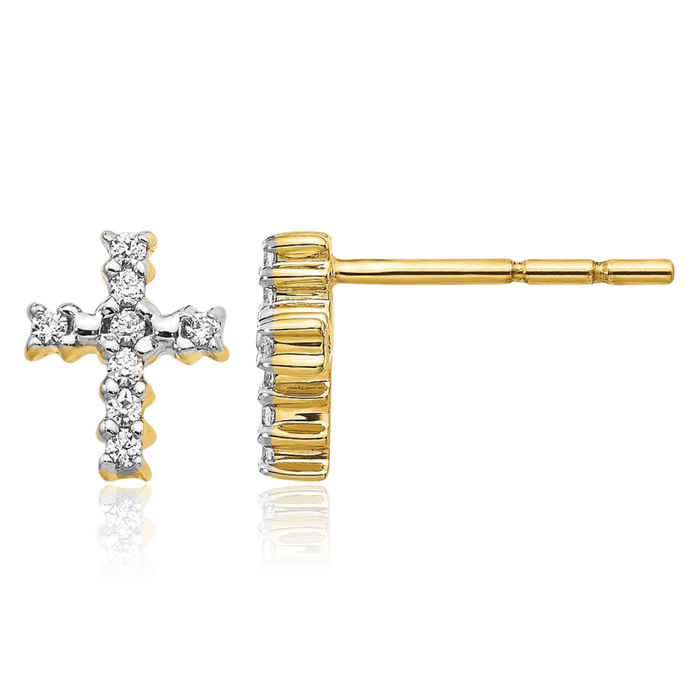 10K Solid Yellow Gold Diamond Holy Cross Drop Dangle Christian Religious Stud Earrings