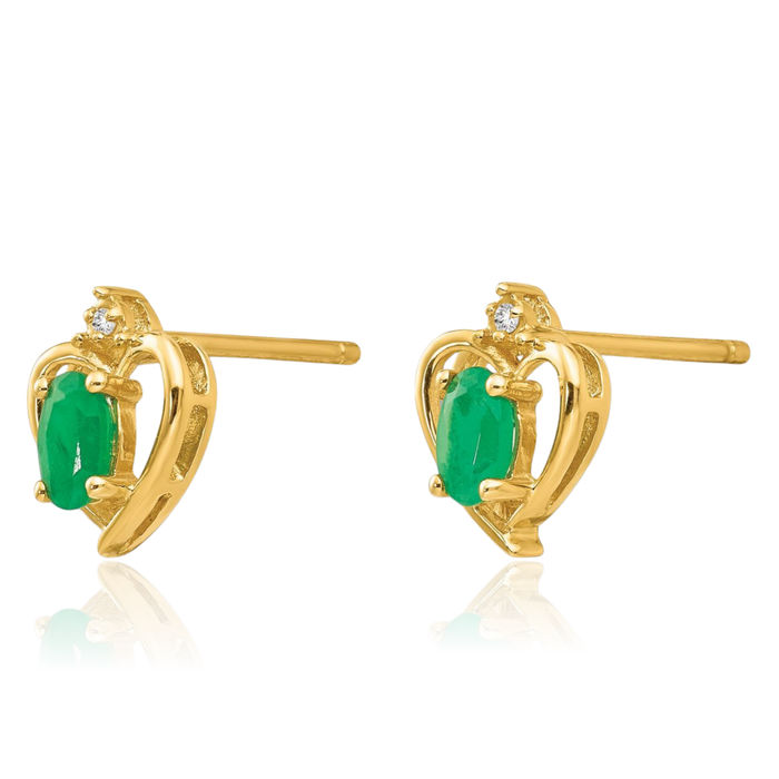 10K Solid Yellow Gold Diamond Green Emerald Stud Earrings Gemstone Post Push Back May Birthstone Jewelry