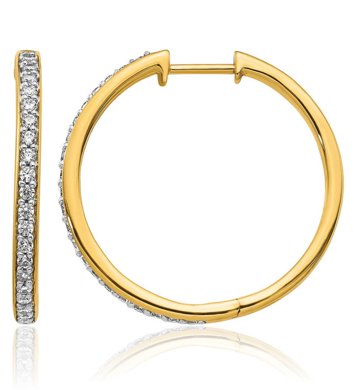 10K Solid Yellow Gold Diamond Round Medium Hoop Earrings