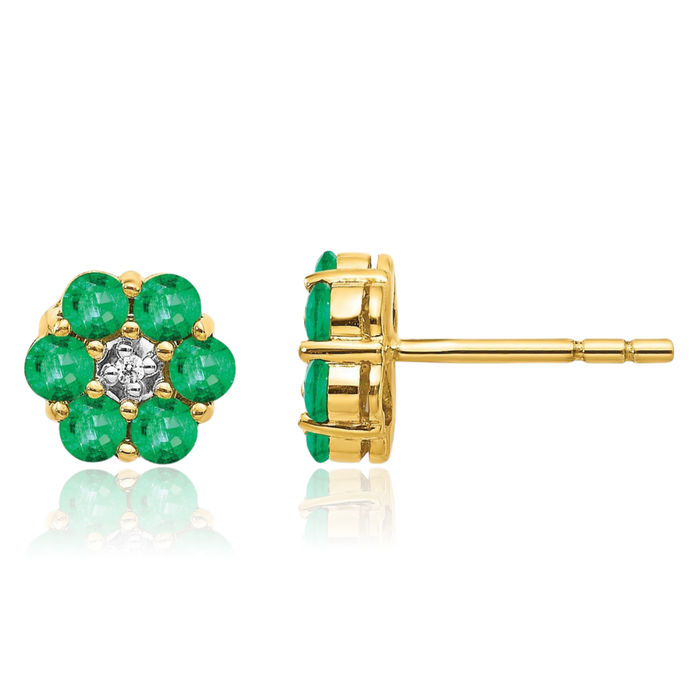 10K Solid Yellow Gold Green Emerald Diamond Studs Gemstone Earrings May Birthstone Jewelry