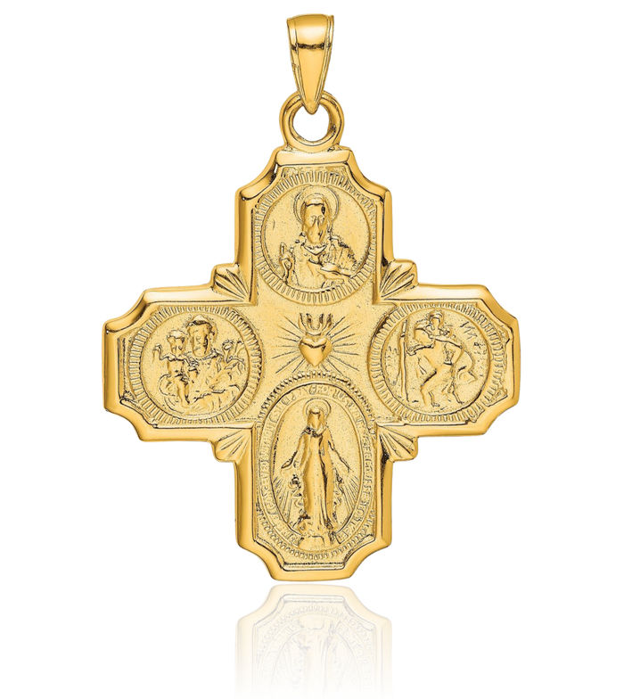 10K Solid Yellow Gold Four Way Holy Cross Religious Medal Necklace Christian Pendant Scapular Charm