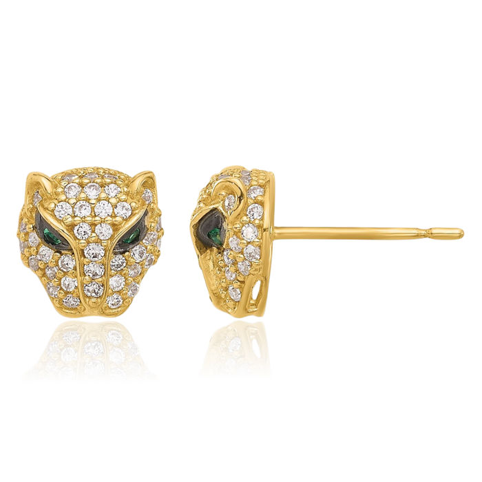 10K Solid Yellow Gold Green Cubic Zirconia CZ Lioness Head Stud Earrings