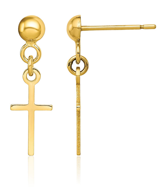 10K Solid Yellow Gold Hanging Holy Cross Christian Religious Drop Dangle Earrings