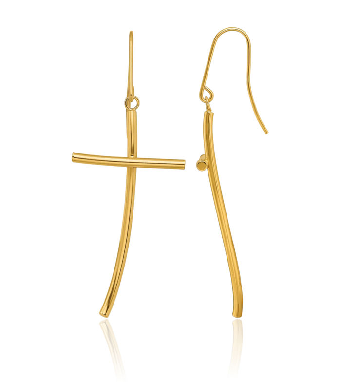 10K Solid Yellow Gold Hanging Holy Cross Christian Religious Drop Dangle Earrings