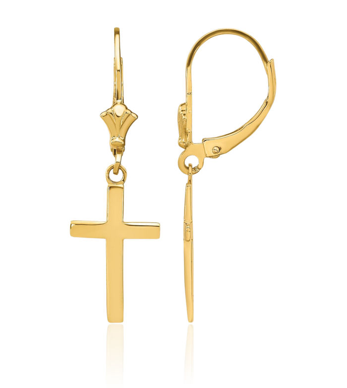 10K Solid Yellow Gold Hanging Holy Cross Christian Religious Drop Dangle Earrings