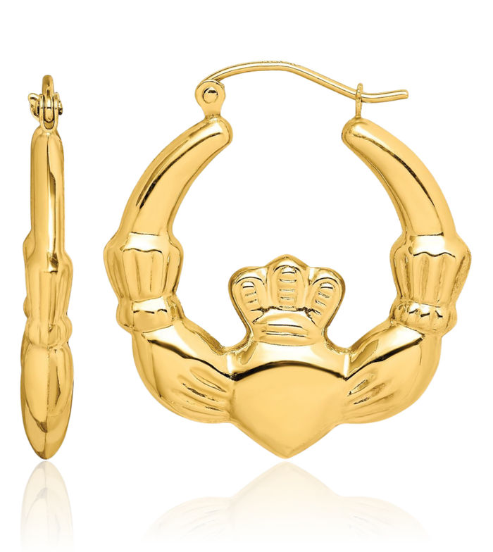 10K Solid Yellow Gold Heart Irish Claddagh Celtic Medium Hoop Earrings Jewelry