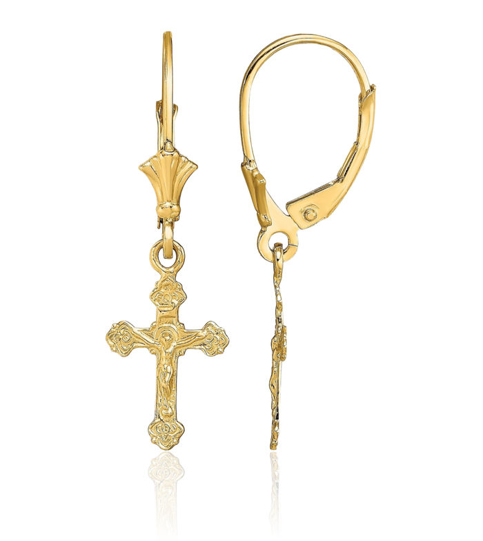 10K Solid Yellow Gold Lord Jesus Christ Crucifix Holy Hanging Cross Christian Religious Drop Dangle Earrings