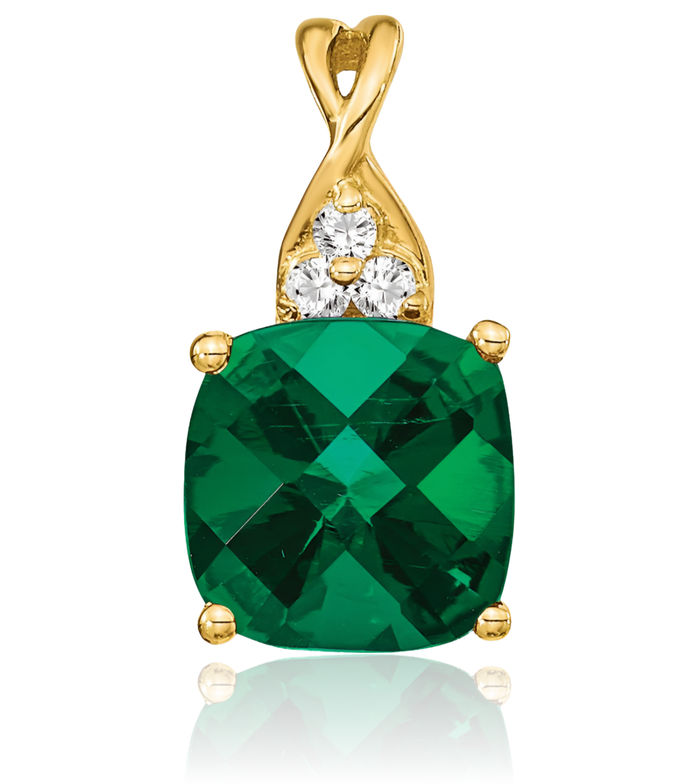 10K Solid Yellow Gold Lab Green Emerald Diamond Necklace Charm Gemstone Pendant May Birthstone Jewelry