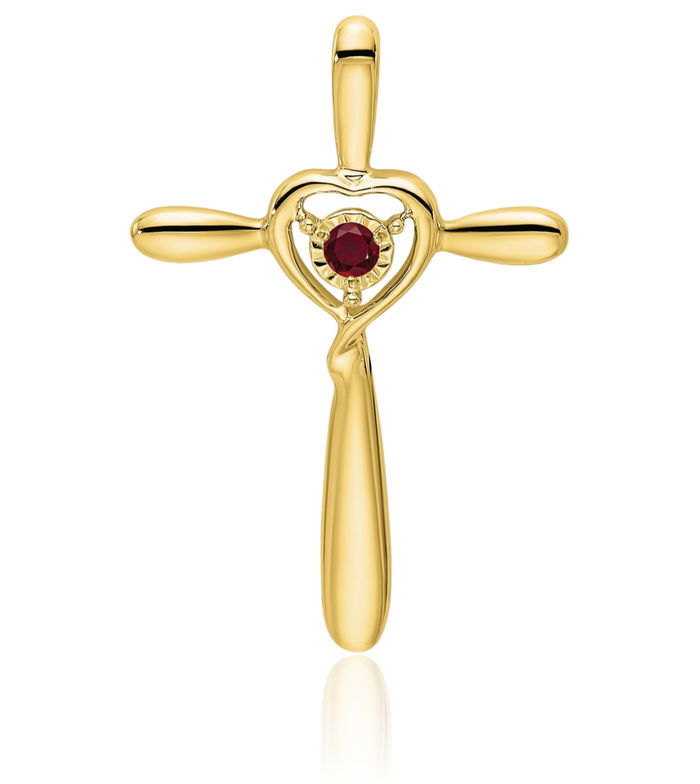 10K Solid Yellow Gold Lab Red Ruby Holy Cross Heart Floating Chain Slide Gemstone Pendant Necklace Charm July Birthstone Jewelry