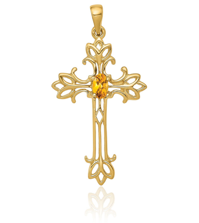 10K Solid Yellow Gold Oval Orange Citrine Holy Cross Necklace Gemstone Pendant Charm November Birthstone Jewelry