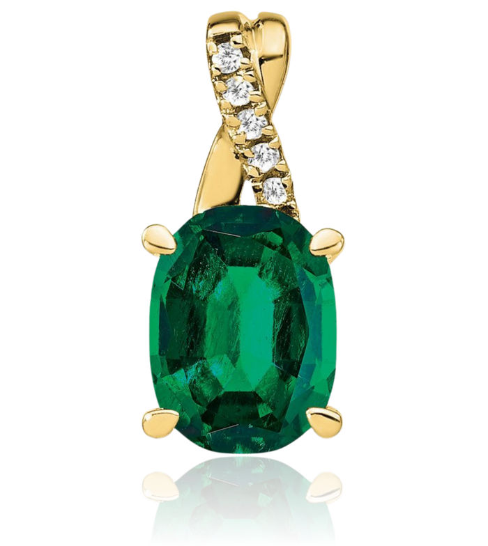 10K Solid Yellow Gold Oval Lab Green Emerald Diamond Necklace Charm Gemstone Pendant May Birthstone Jewelry