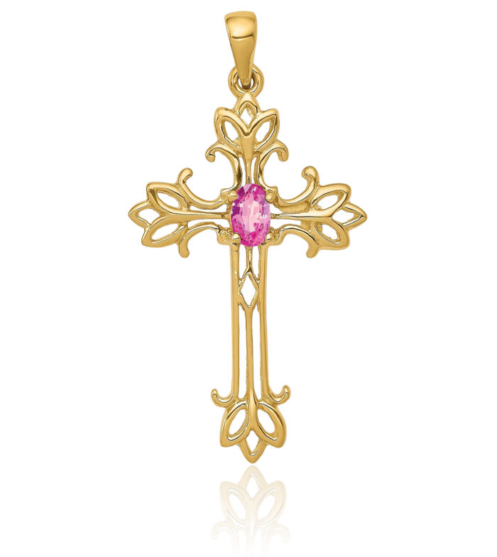 10K Solid Yellow Gold Oval Pink Sapphire Holy Cross Necklace Gemstone Pendant Charm Birthstone