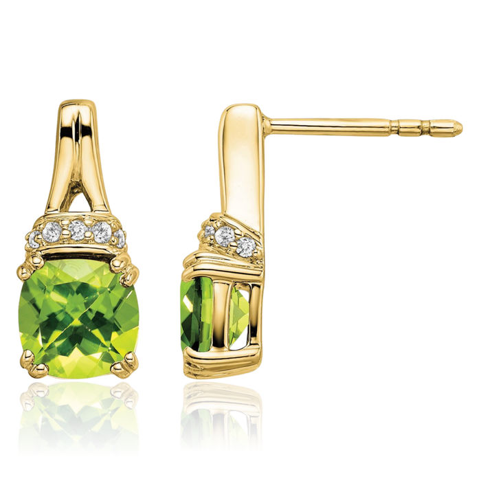 10K Solid Yellow Gold Green Peridot Diamond Drop Dangle Earrings Gemstone Post Push Back August Birthstone Jewelry