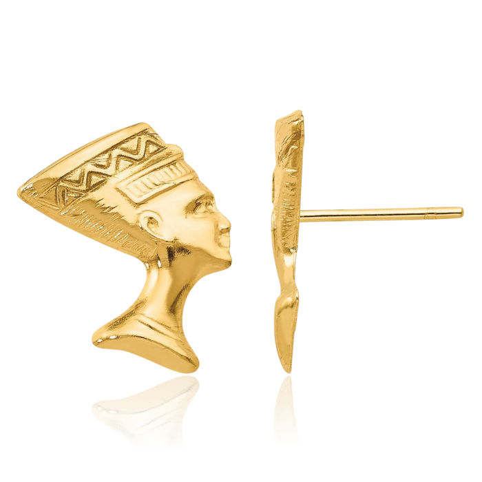10K Solid Yellow Gold Queen Nefertiti Egyptian Goddess African Stud Earrings