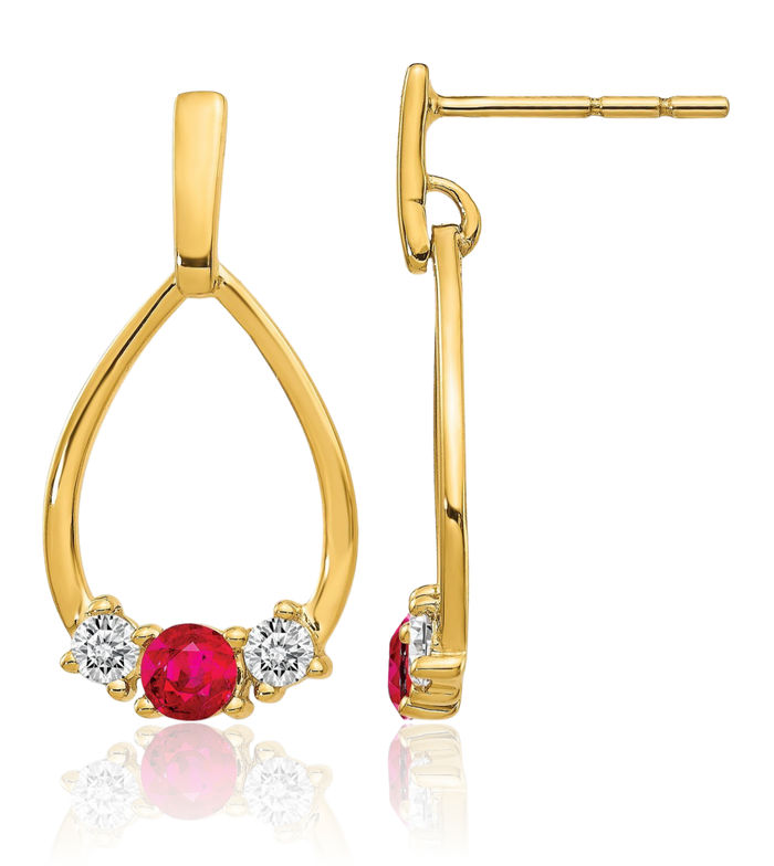 10K Solid Yellow Gold Red Ruby White Sapphire Post Drop Dangle Earrings Gemstone Push Back July Birthstone Jewelry