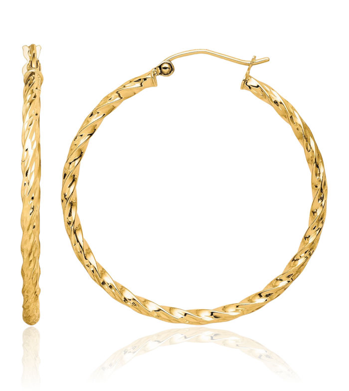 10K Solid Yellow Gold Twisted 35mm Medium Hoop Earrings