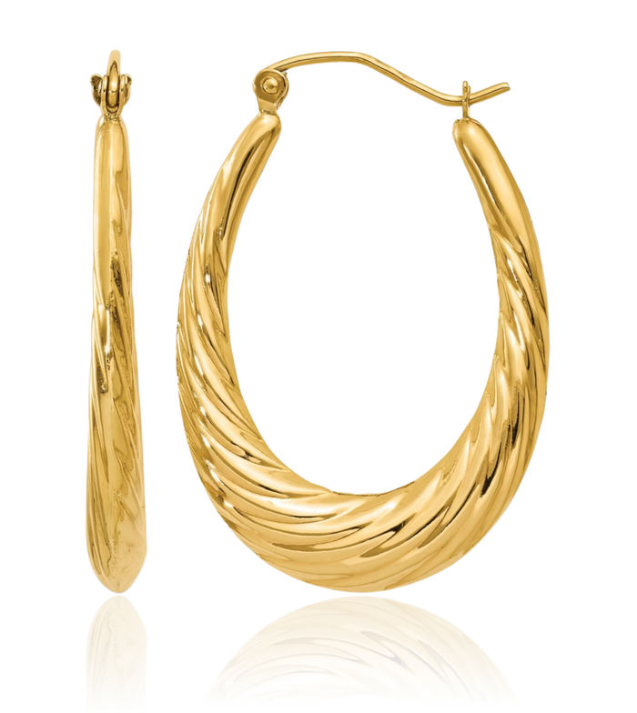 10K Solid Yellow Gold Twisted Oval Medium Hoop Earrings