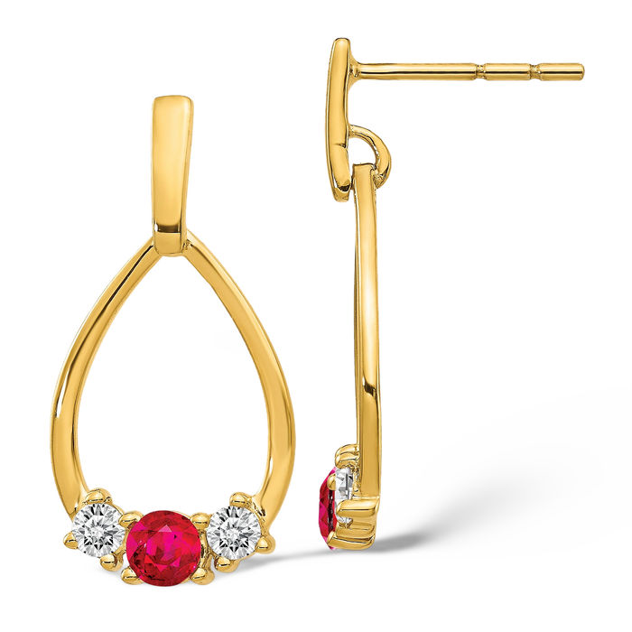 10K Solid Yellow Gold Red Ruby White Sapphire Post Drop Dangle Earrings Gemstone Push Back July Birthstone Jewelry