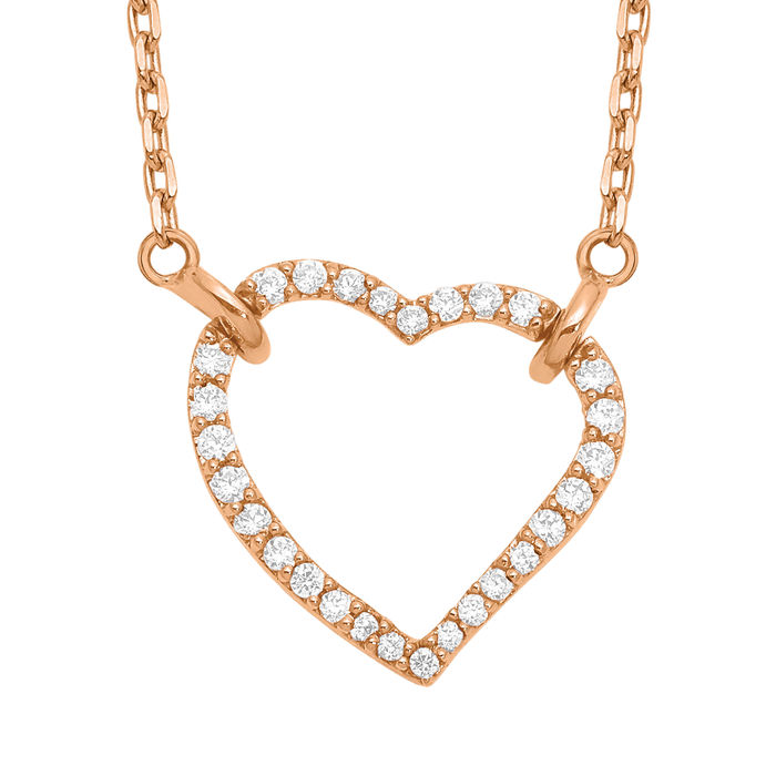 14K Solid Rose Gold Diamond Heart Chain Necklace - Picture 9 of 12