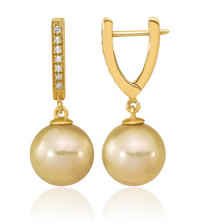 14K Solid 10mm Round Golden South Sea Saltwater Cultured Pearl .105 Diamond Huggie Medium Hoop Drop Dangle Earrings