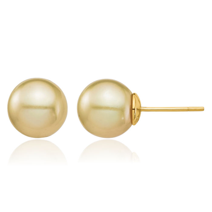 14K Solid 10mm Round Golden South Sea Saltwater Cultured Pearl Stud Earrings