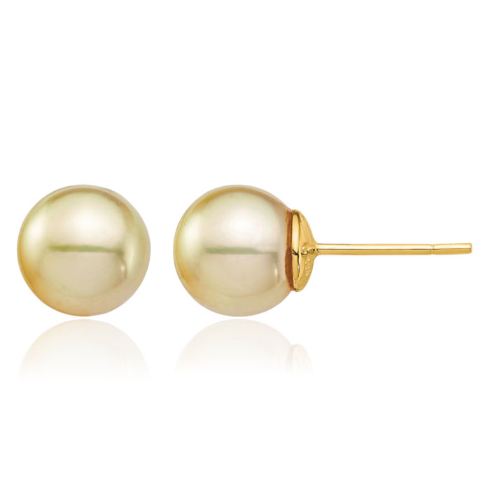 14K Solid 9mm Round Golden South Sea Saltwater Cultured Pearl Stud Earrings