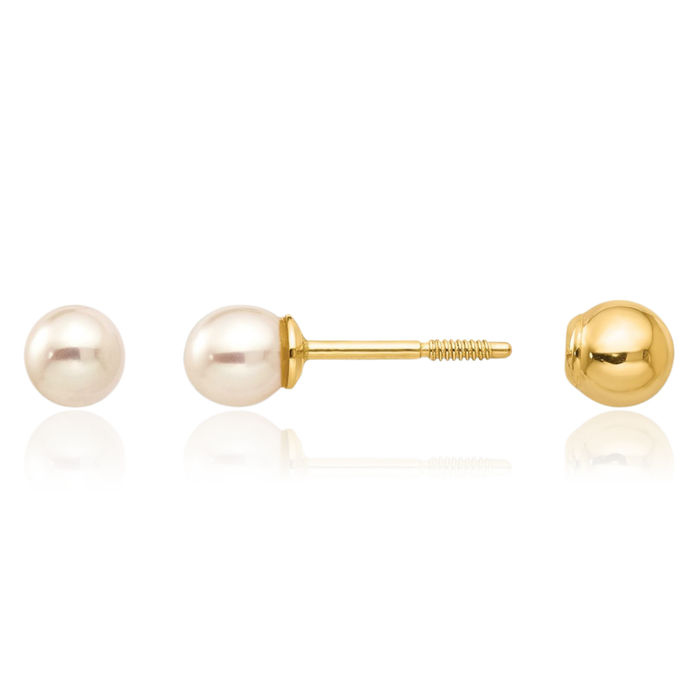 14K Solid Reversible 3.75 4mm Freshwater Cultured Pearl Gold Ball Stud Earrings