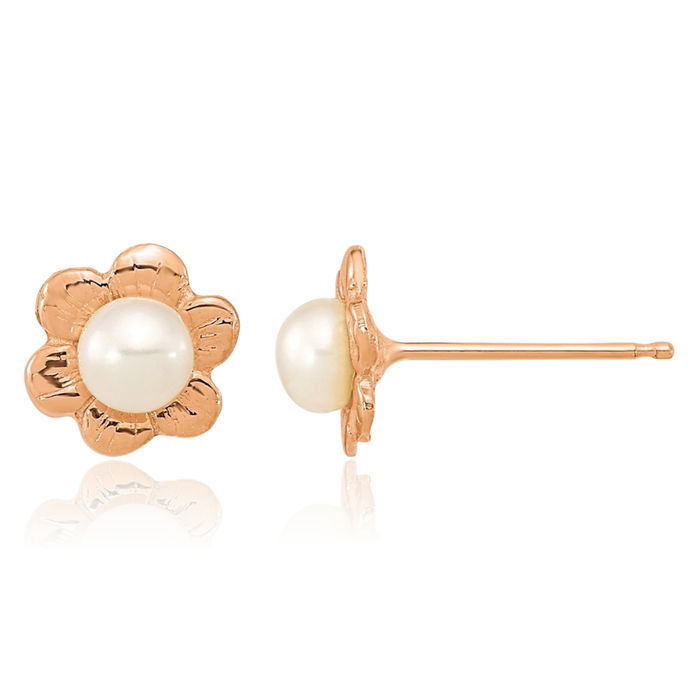 14K Solid Rose Pink Gold 3mm White Button Freshwater Cultured Pearl Flower Stud Earrings