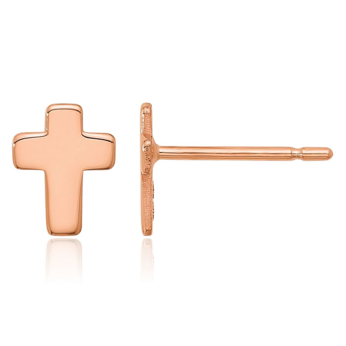 14K Solid Rose Pink Gold Holy Cross Studs Religious Christian Earrings