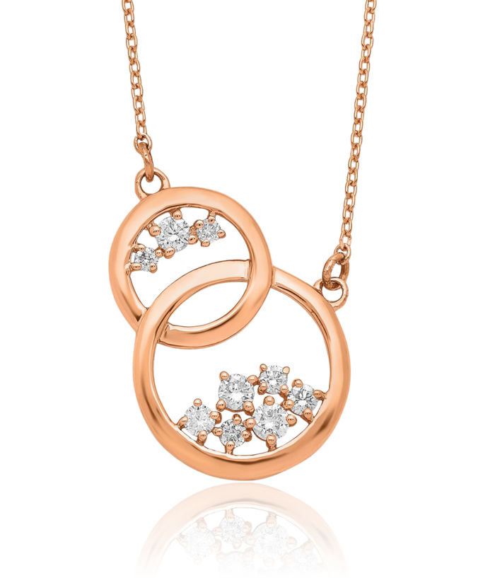 14K Solid Rose Pink Gold Diamond Double Circle Round Geometric Necklace Chain