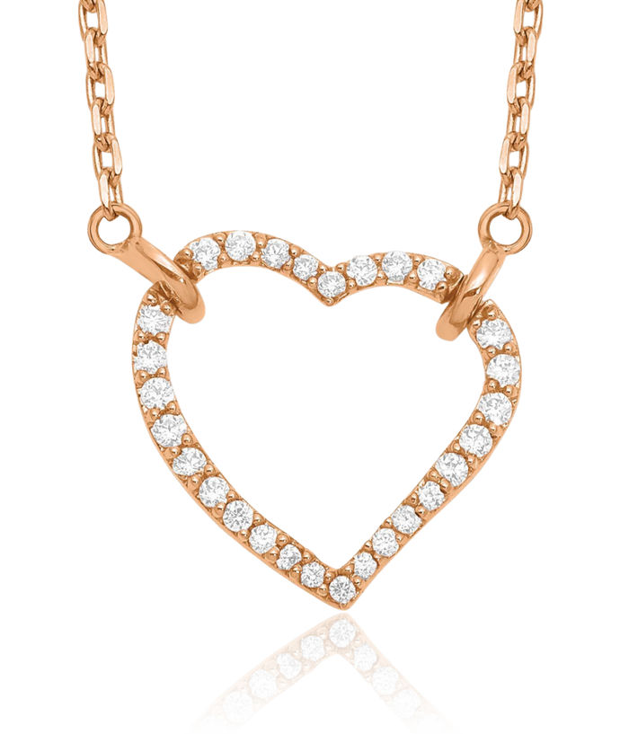 14K Solid Rose Pink Gold Diamond Heart Chain Necklace